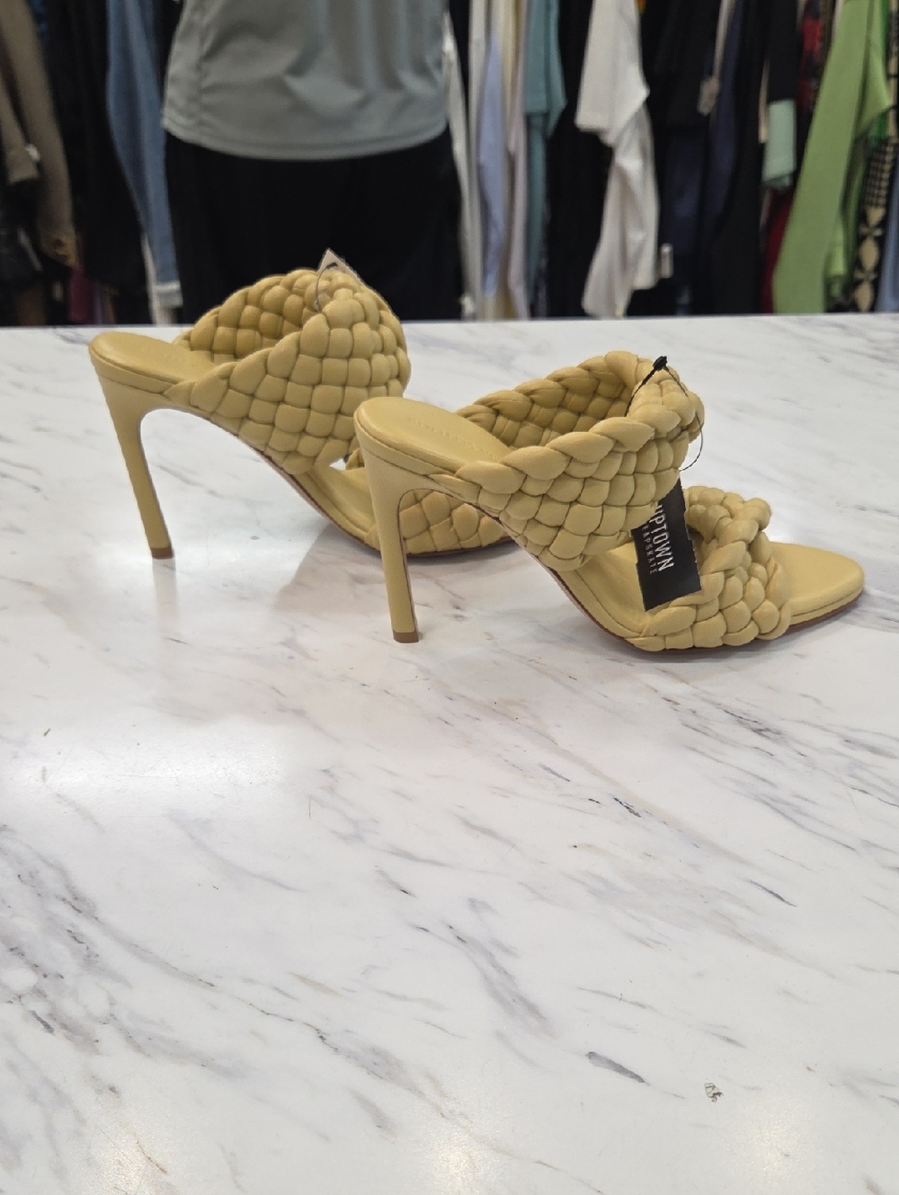 Bottega Veneta Woven Double-Strap Heeled Mules in Mustard